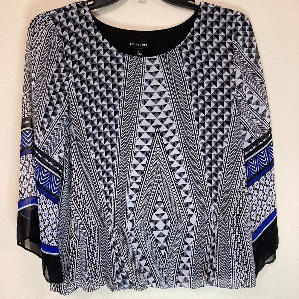 I.N. Studio Women's Shirt Black Blue White Print Top Size Large 3/4 Bell Sleeve